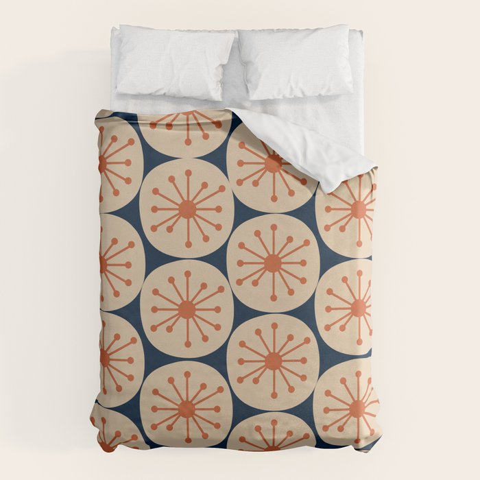 Atomic Dots Retro Geo Pattern in Mid Mid Orange, Beige, and Navy Blue Duvet Cover Gallery Image 1