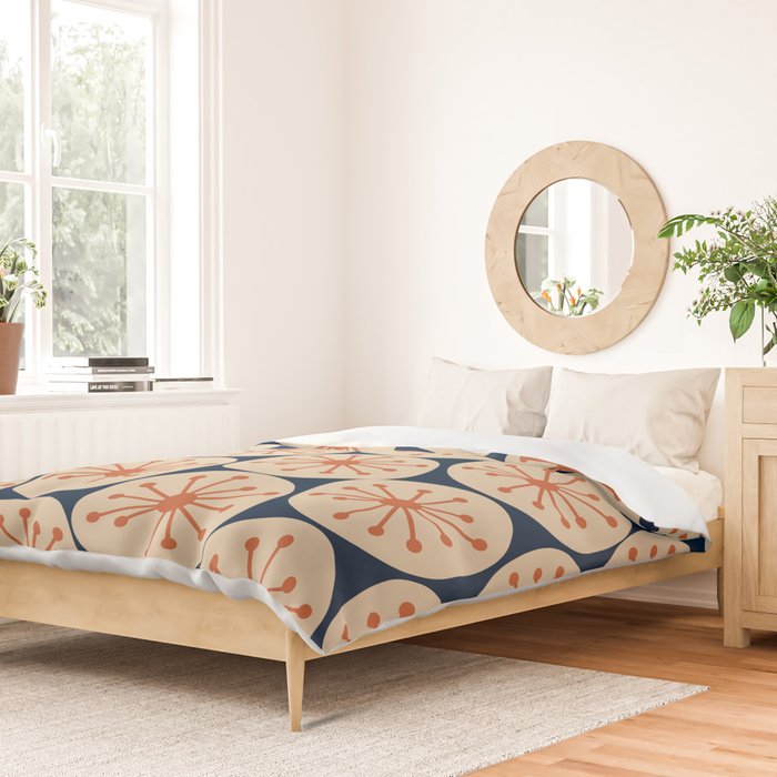 Atomic Dots Retro Geo Pattern in Mid Mid Orange, Beige, and Navy Blue Duvet Cover Gallery Image 2