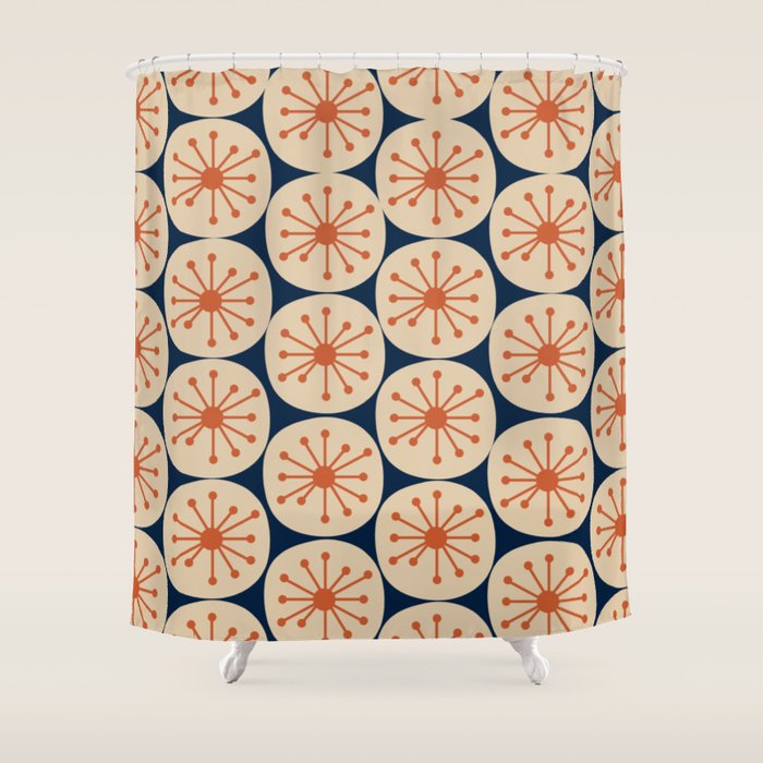 Atomic Dots Retro Geo Pattern in Mid Mid Orange, Beige, and Navy Blue Shower Curtain Gallery Image 1