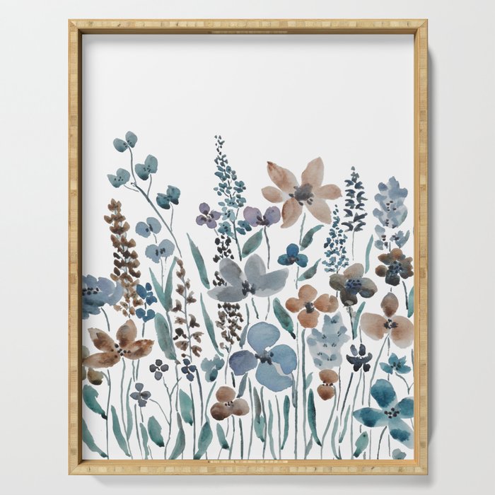 watercolor blue brown wildflower field  Serving Tray Gallery Image 1