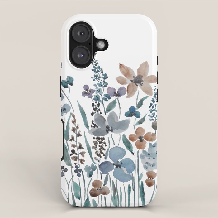 watercolor blue brown wildflower field  iPhone Case Gallery Image 1