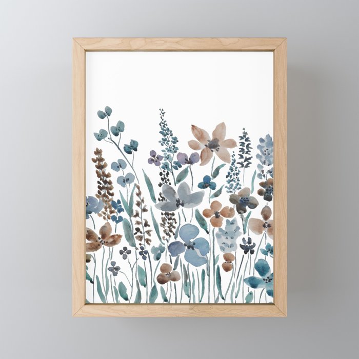 watercolor blue brown wildflower field  Mini Art Print Gallery Image 1