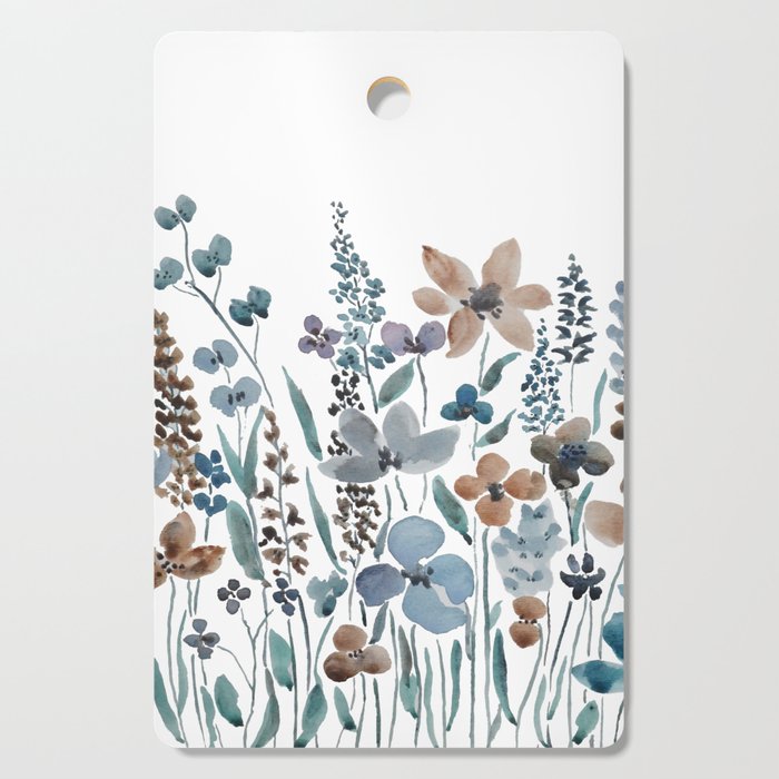 watercolor blue brown wildflower field  Cutting Board Gallery Image 1