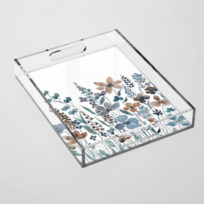 watercolor blue brown wildflower field  Acrylic Tray Gallery Image 1