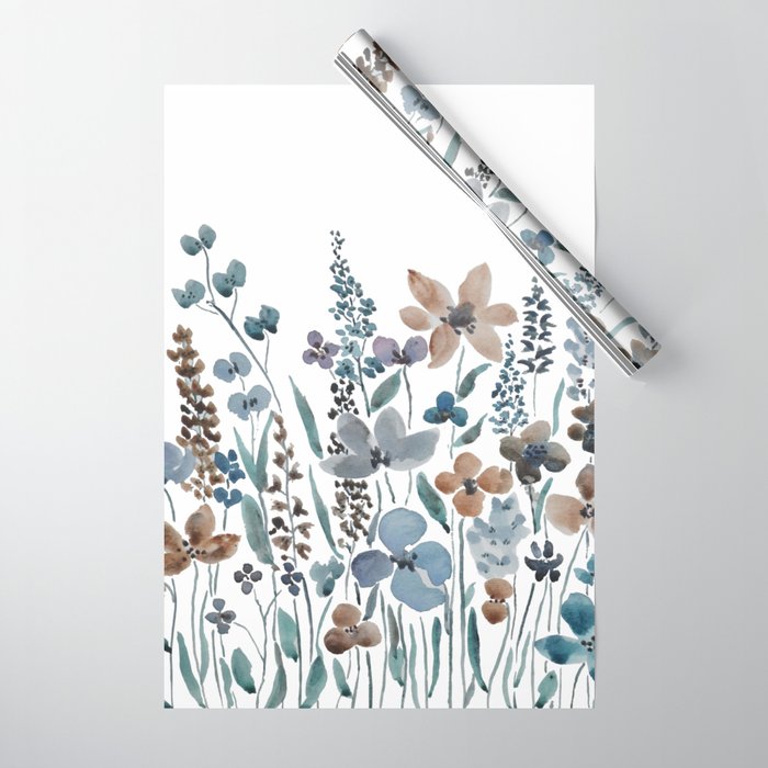 watercolor blue brown wildflower field  Wrapping Paper Gallery Image 1