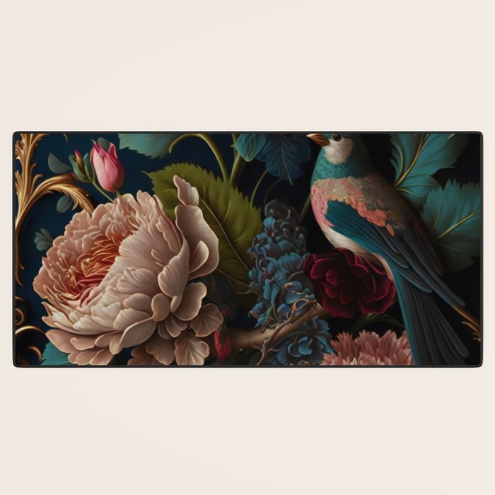 Vintage Bird and Dark Floral Print Desk Mat Gallery Image 3