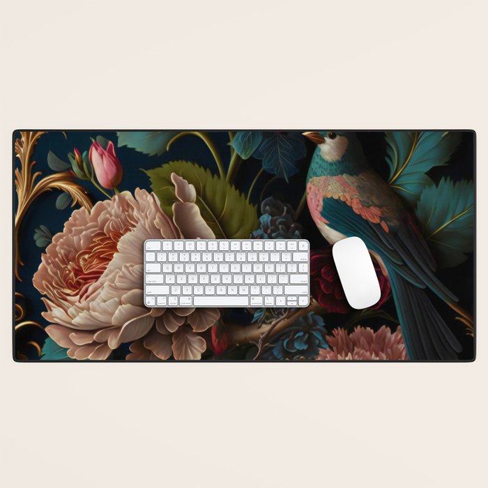 Vintage Bird and Dark Floral Print Desk Mat Gallery Image 1