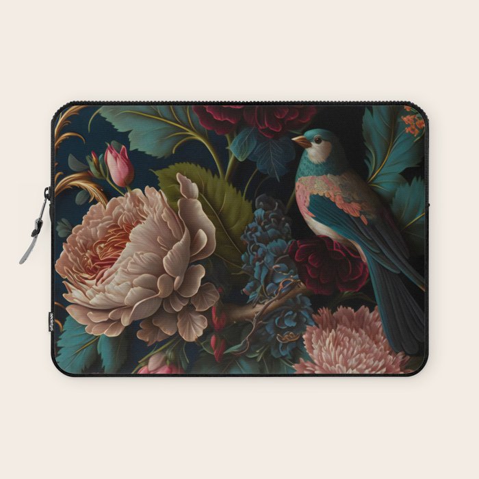 Vintage Bird and Dark Floral Print Laptop Sleeve Gallery Image 1
