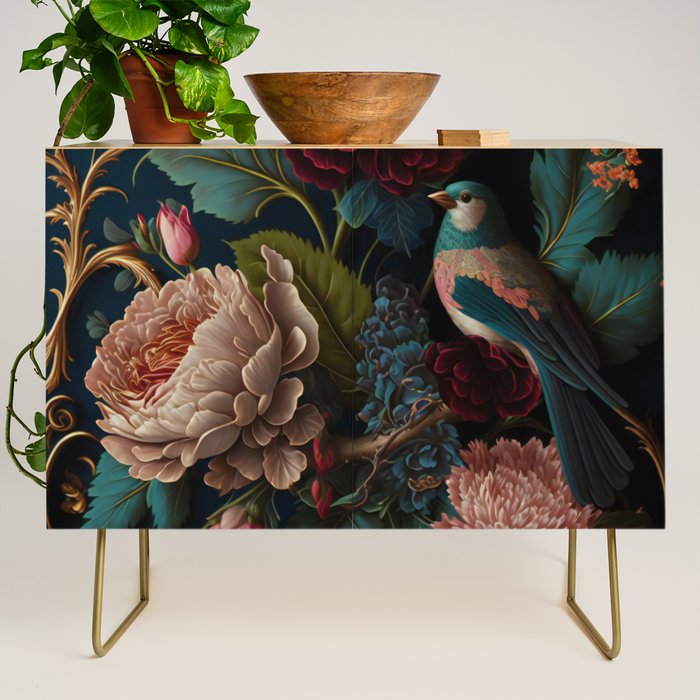Vintage Bird and Dark Floral Print Credenza Gallery Image 1