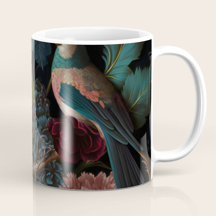 Vintage Bird and Dark Floral Print Coffee Mug Gallery Image 1