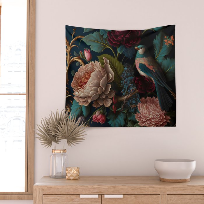 Vintage Bird and Dark Floral Print Wall Tapestry Gallery Image 2