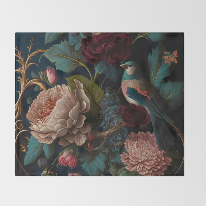 Vintage Bird and Dark Floral Print Throw Blanket Gallery Image 2