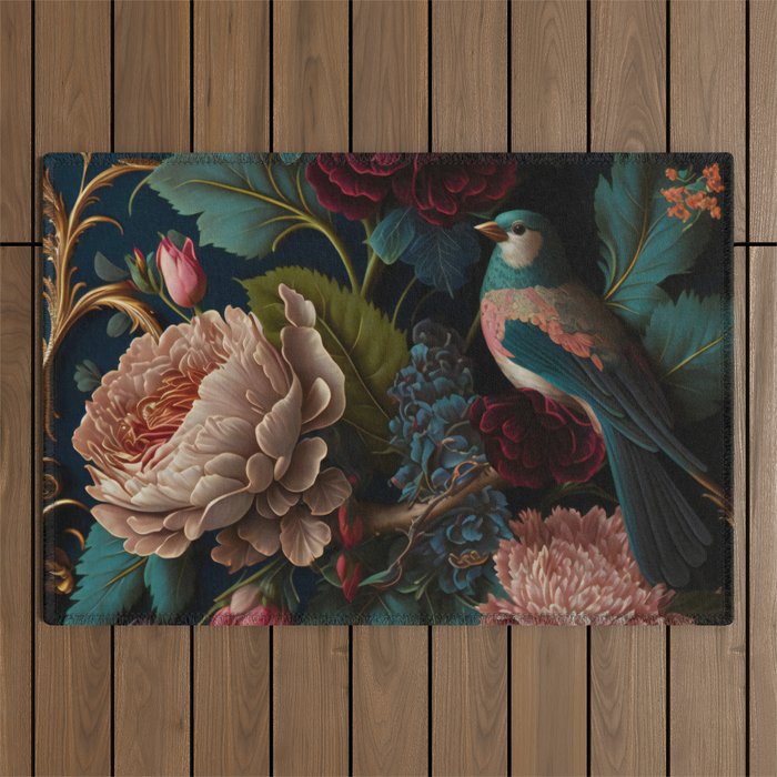 Vintage Bird and Dark Floral Print Outdoor Rug Gallery Image 1