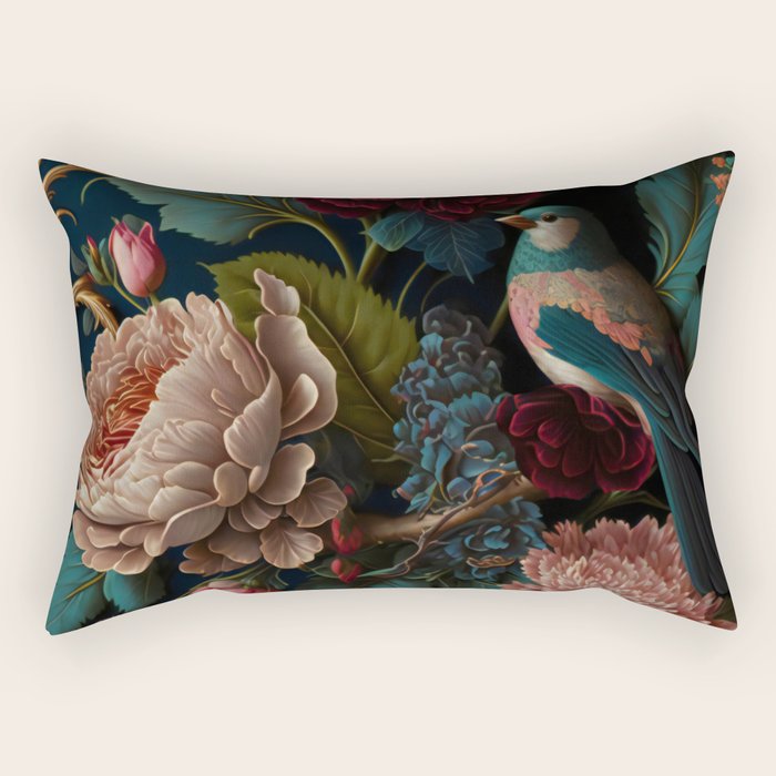Vintage Bird and Dark Floral Print Rectangular Pillow Gallery Image 2