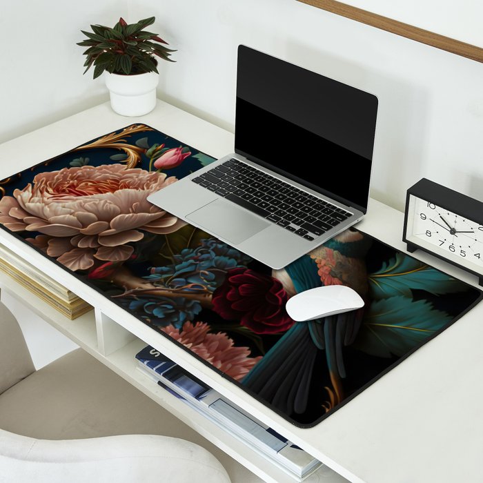 Vintage Bird and Dark Floral Print Desk Mat Gallery Image 2