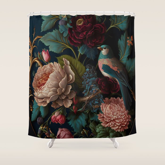 Vintage Bird and Dark Floral Print Shower Curtain Gallery Image 1