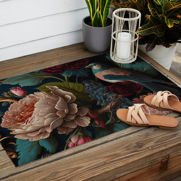 Vintage Bird and Dark Floral Print Outdoor Rug Gallery Image 2