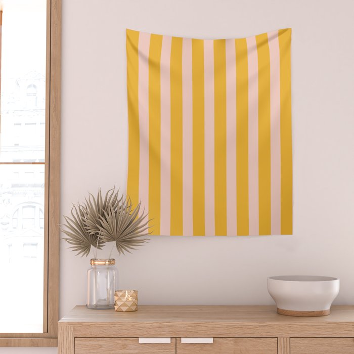 Vertical Stripes Pattern in Mustard Yellow Orange and Light Blush Pink Wall Tapestry Gallery Image 2