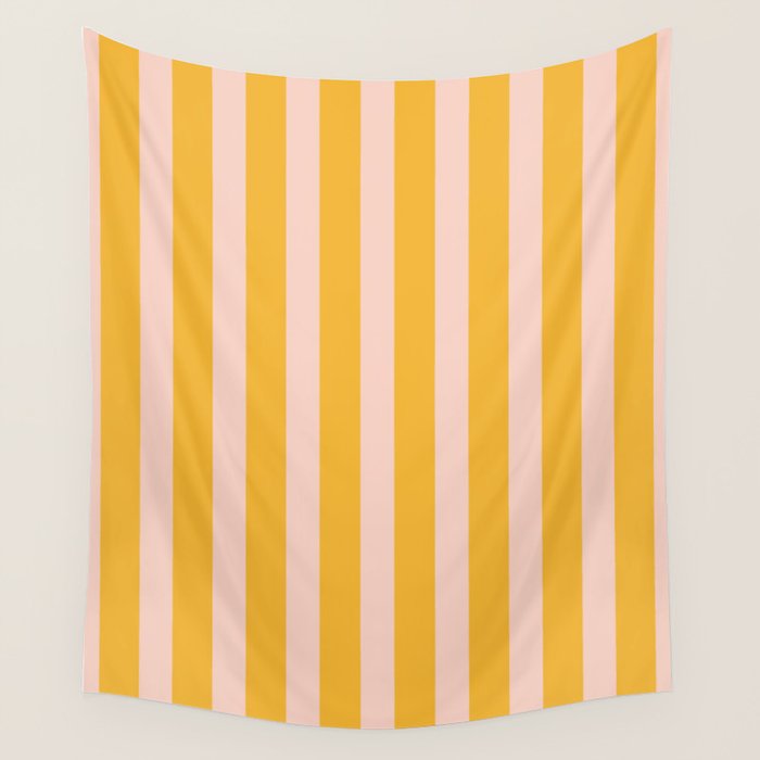 Vertical Stripes Pattern in Mustard Yellow Orange and Light Blush Pink Wall Tapestry Gallery Image 4
