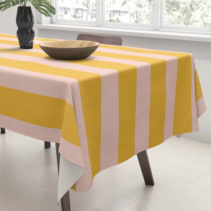 Vertical Stripes Pattern in Mustard Yellow Orange and Light Blush Pink Tablecloth Gallery Image 3