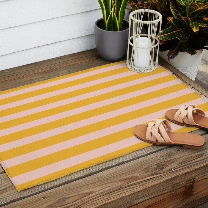 Vertical Stripes Pattern in Mustard Yellow Orange and Light Blush Pink Outdoor Rug Gallery Image 2