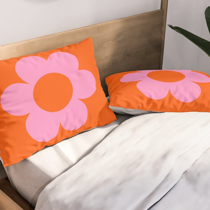 La Fleur | 01 - Retro Floral Print Orange And Pink Aesthetic Preppy Modern Abstract Flower Pillow Sham Gallery Image 2