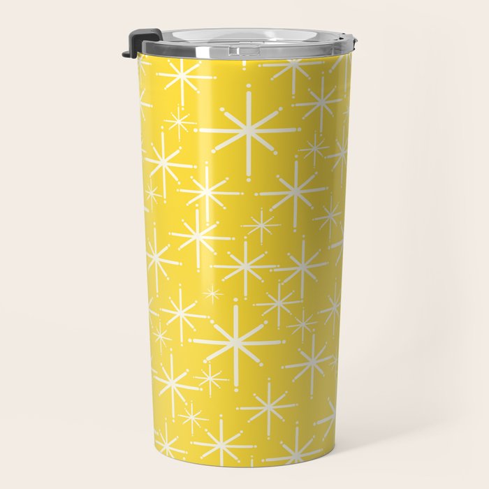 Mid Century Modern Twinkling Stars Retro Atomic Pattern in Cheerful Yellow Travel Mug Gallery Image 3