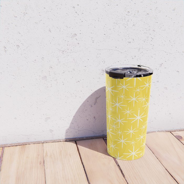 Mid Century Modern Twinkling Stars Retro Atomic Pattern in Cheerful Yellow Travel Mug Gallery Image 4