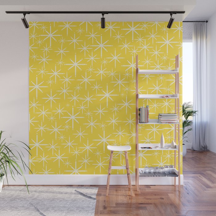 Mid Century Modern Twinkling Stars Retro Atomic Pattern in Cheerful Yellow Wall Mural Gallery Image 1