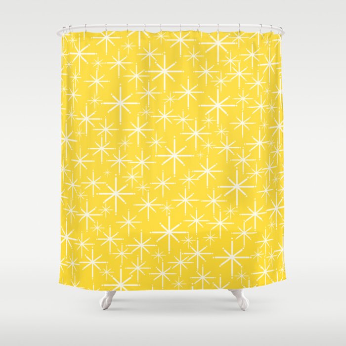 Mid Century Modern Twinkling Stars Retro Atomic Pattern in Cheerful Yellow Shower Curtain Gallery Image 1