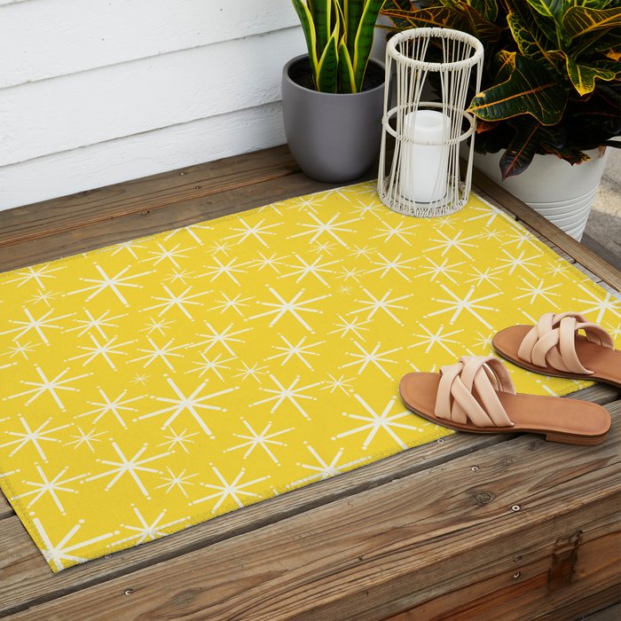 Mid Century Modern Twinkling Stars Retro Atomic Pattern in Cheerful Yellow Outdoor Rug Gallery Image 2