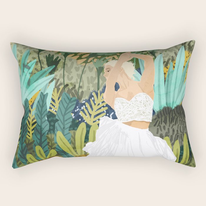 Forest Bride | Jungle Wedding Painting | Travel Solo | Blonde Woman Dancing Joy Rectangular Pillow Gallery Image 1
