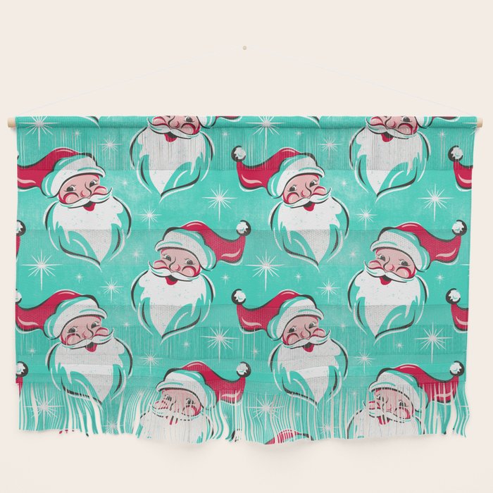 'Tis The Season Retro Santa Aqua Multi Pattern Wall Hanging Gallery Image 1