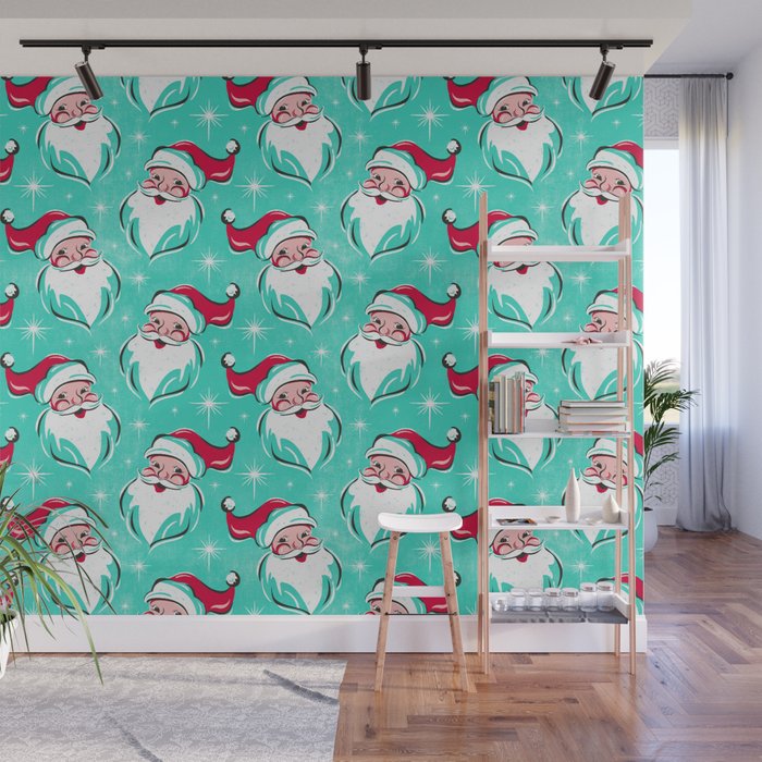 'Tis The Season Retro Santa Aqua Multi Pattern Wall Mural Gallery Image 1