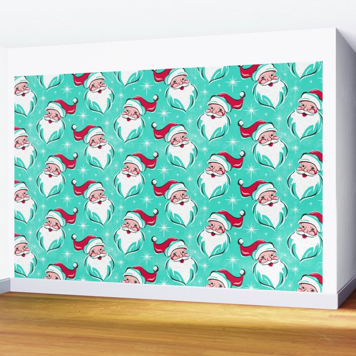 'Tis The Season Retro Santa Aqua Multi Pattern Wall Mural Gallery Image 2
