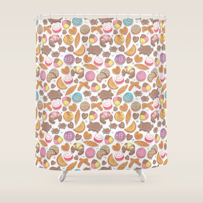 Mexican Sweet Bakery Frenzy // white background // pastel colors pan dulce Shower Curtain Gallery Image 1