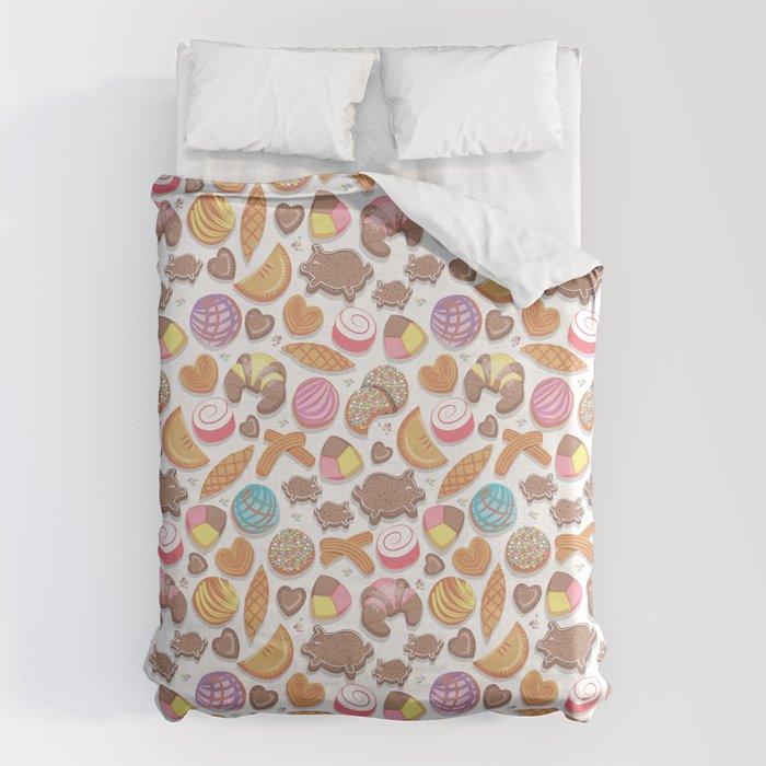 Mexican Sweet Bakery Frenzy // white background // pastel colors pan dulce Duvet Cover Gallery Image 1