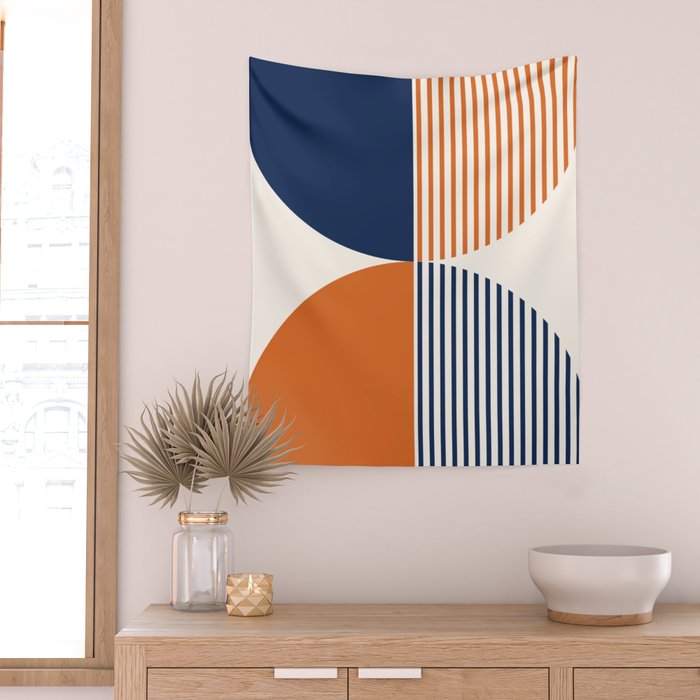 Abstraction Shapes 135 in Navy Blue Orange (Moon Phase Abstract)  Wall Tapestry Gallery Image 2