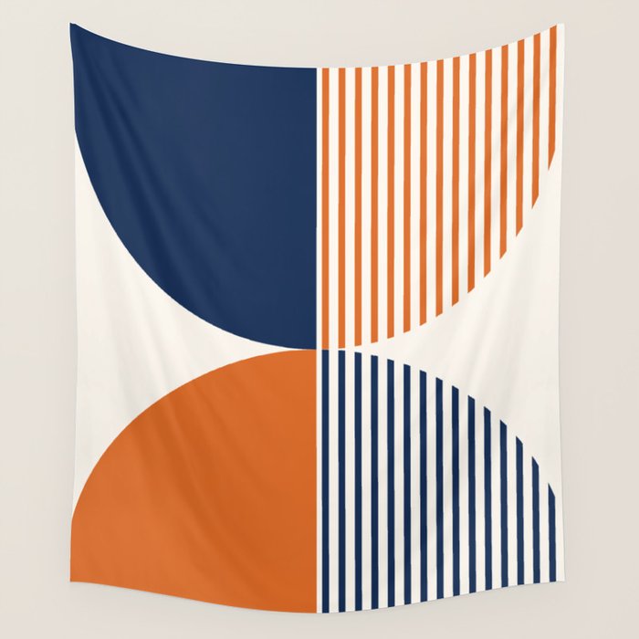 Abstraction Shapes 135 in Navy Blue Orange (Moon Phase Abstract)  Wall Tapestry Gallery Image 1