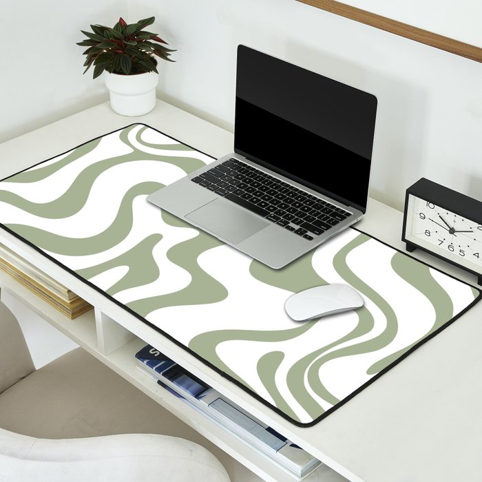 Liquid Swirl Retro Abstract Pattern in White and Sage Desk Mat Gallery Image 2