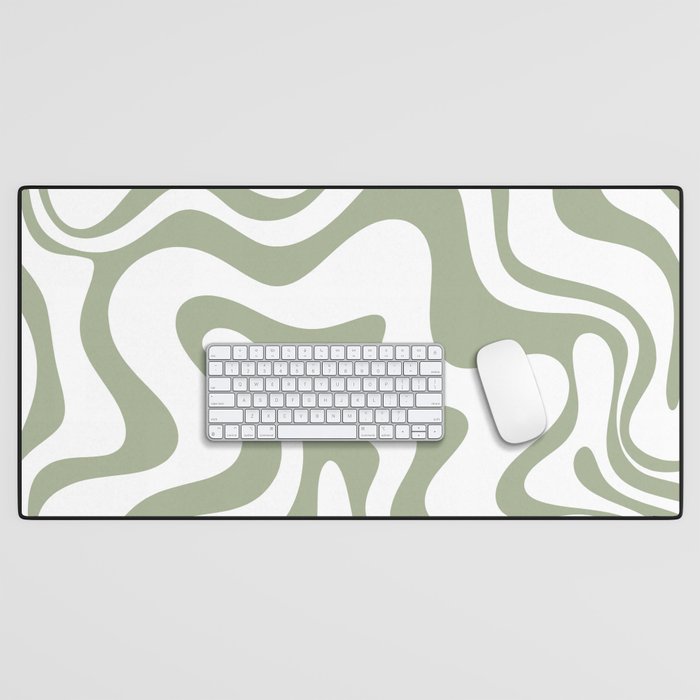Liquid Swirl Retro Abstract Pattern in White and Sage Desk Mat Gallery Image 1