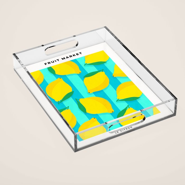 Le citron - lemon fruit market poster on aqua and turquoise stripes Acrylic Tray Gallery Image 1