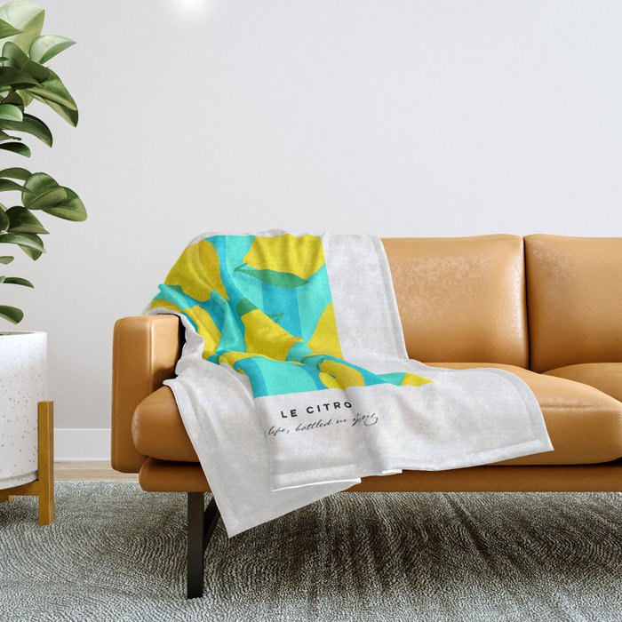 Le citron - lemon fruit market poster on aqua and turquoise stripes Throw Blanket Gallery Image 1