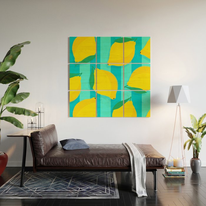 Le citron - lemon fruit market poster on aqua and turquoise stripes Wood Wall Art Gallery Image 2
