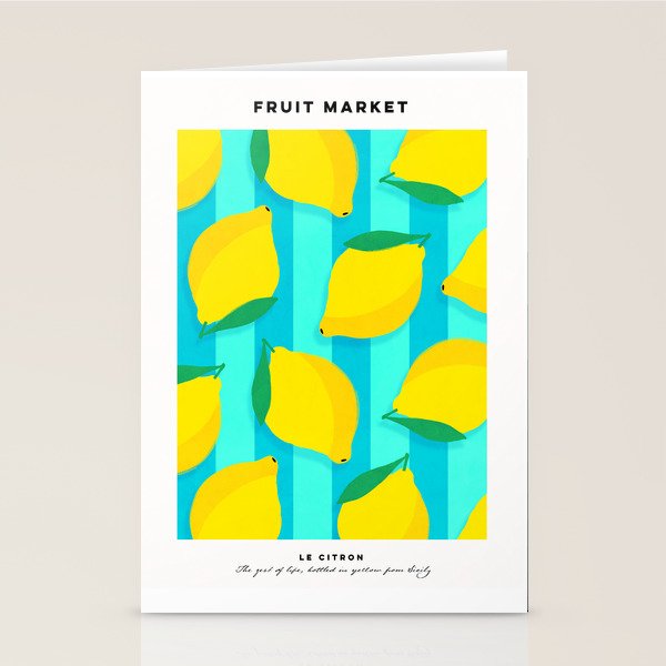Le citron - lemon fruit market poster on aqua and turquoise stripes Stationery Card Gallery Image 1