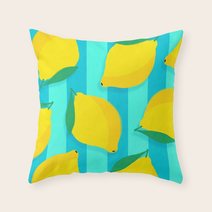 Le citron - lemon fruit market poster on aqua and turquoise stripes Throw Pillow Gallery Image 6