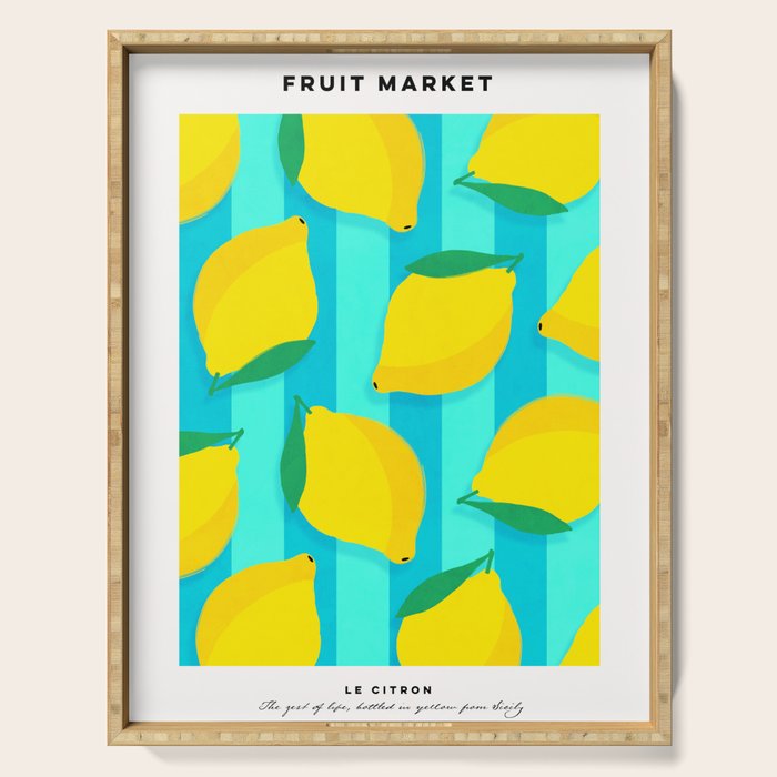 Le citron - lemon fruit market poster on aqua and turquoise stripes Serving Tray Gallery Image 1