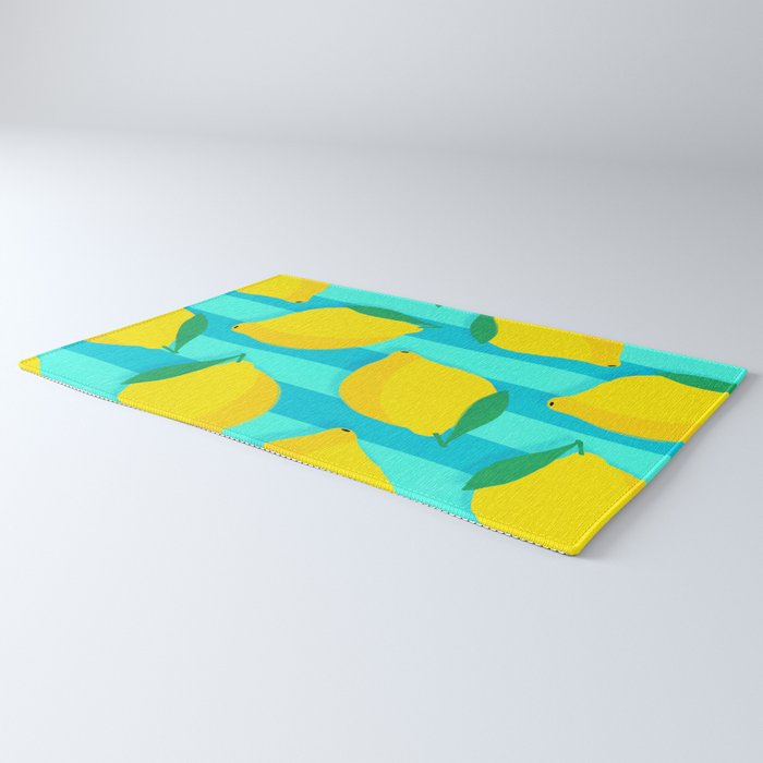 Le citron - lemon fruit market poster on aqua and turquoise stripes Rug Gallery Image 3