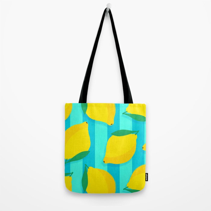 Le citron - lemon fruit market poster on aqua and turquoise stripes Tote Bag Gallery Image 2