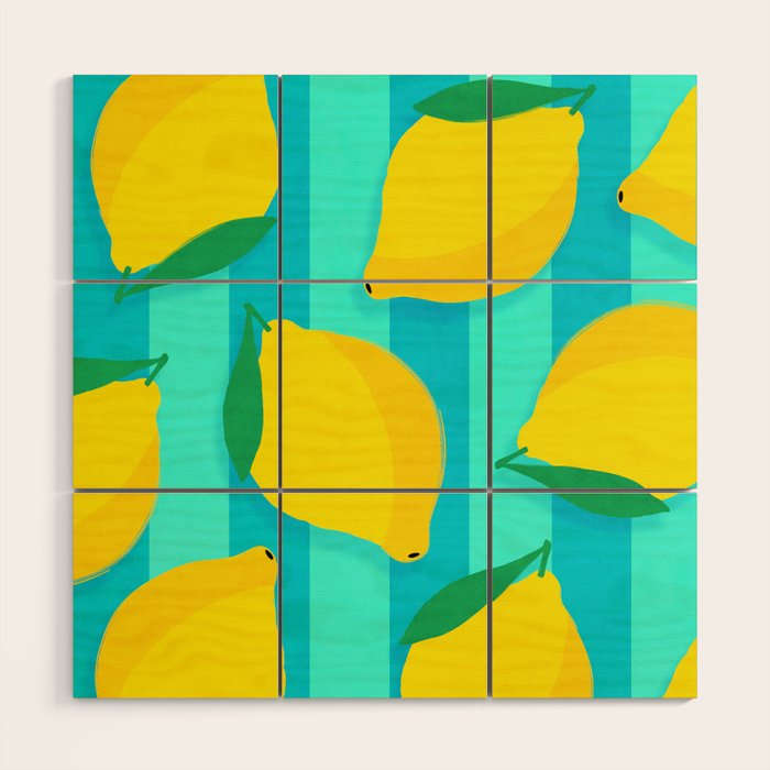 Le citron - lemon fruit market poster on aqua and turquoise stripes Wood Wall Art Gallery Image 1